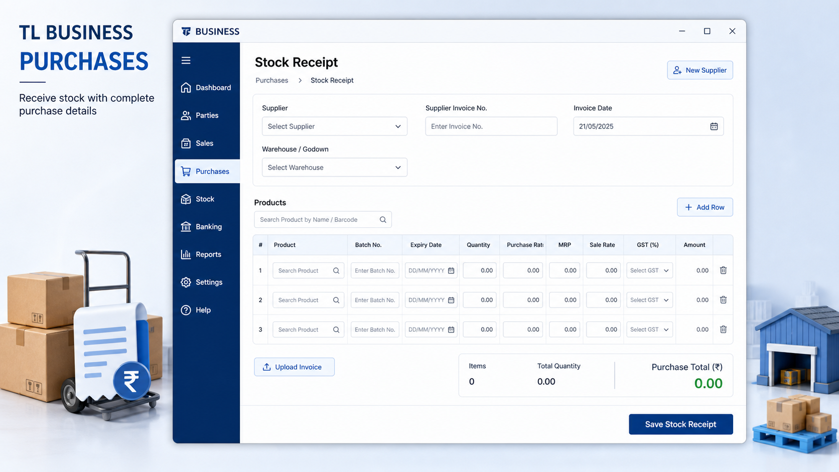 Illustrative TL Business Purchase entry interface preview