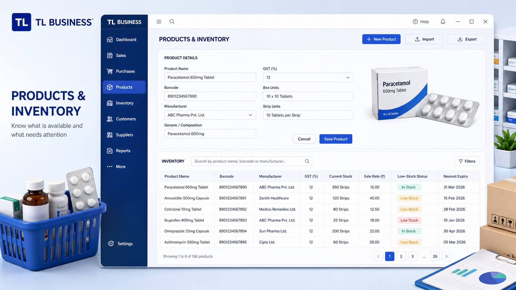Illustrative TL Business Products and inventory interface preview