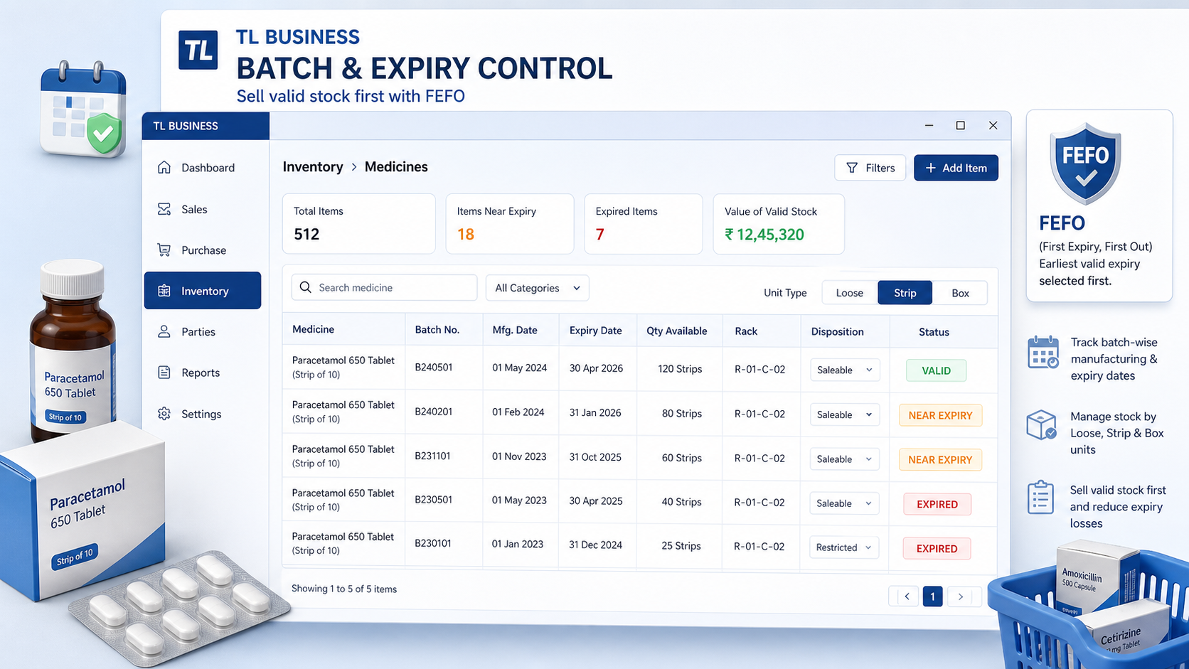 Illustrative TL Business Batch, expiry and FEFO interface preview