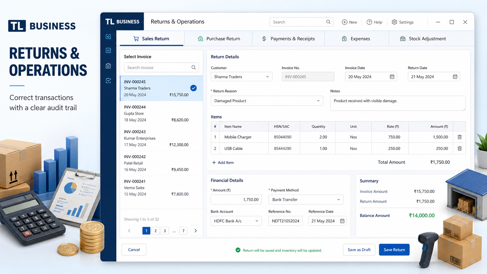 Illustrative TL Business Returns and stock operations interface preview