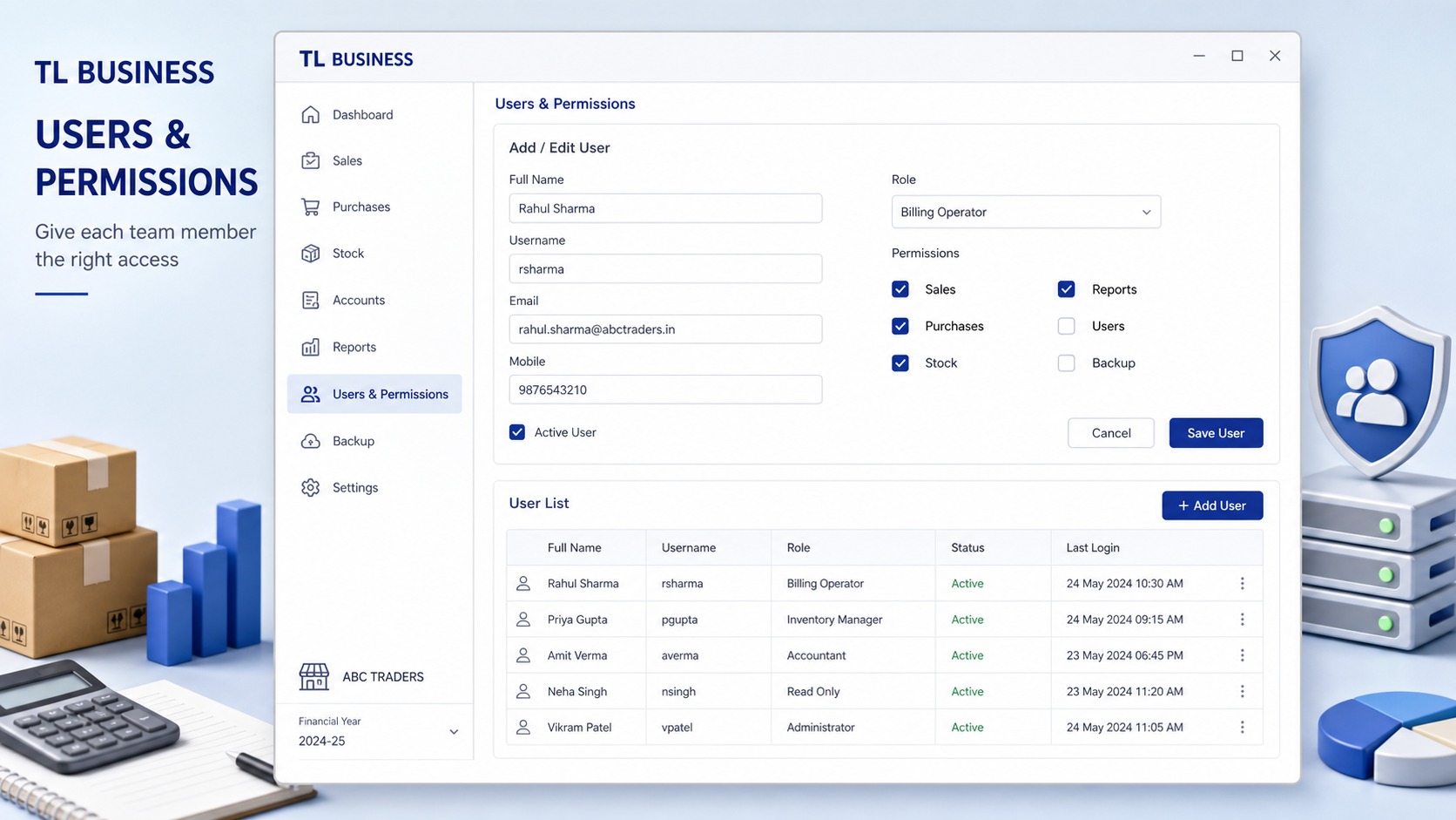 Illustrative TL Business Users and permissions interface preview