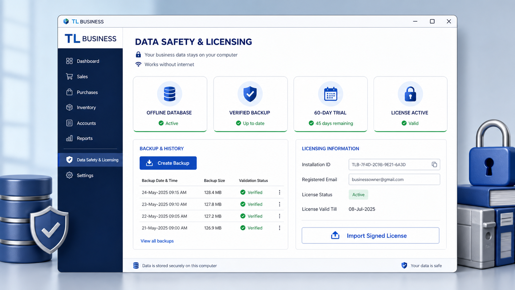 Illustrative TL Business Data safety and licensing interface preview