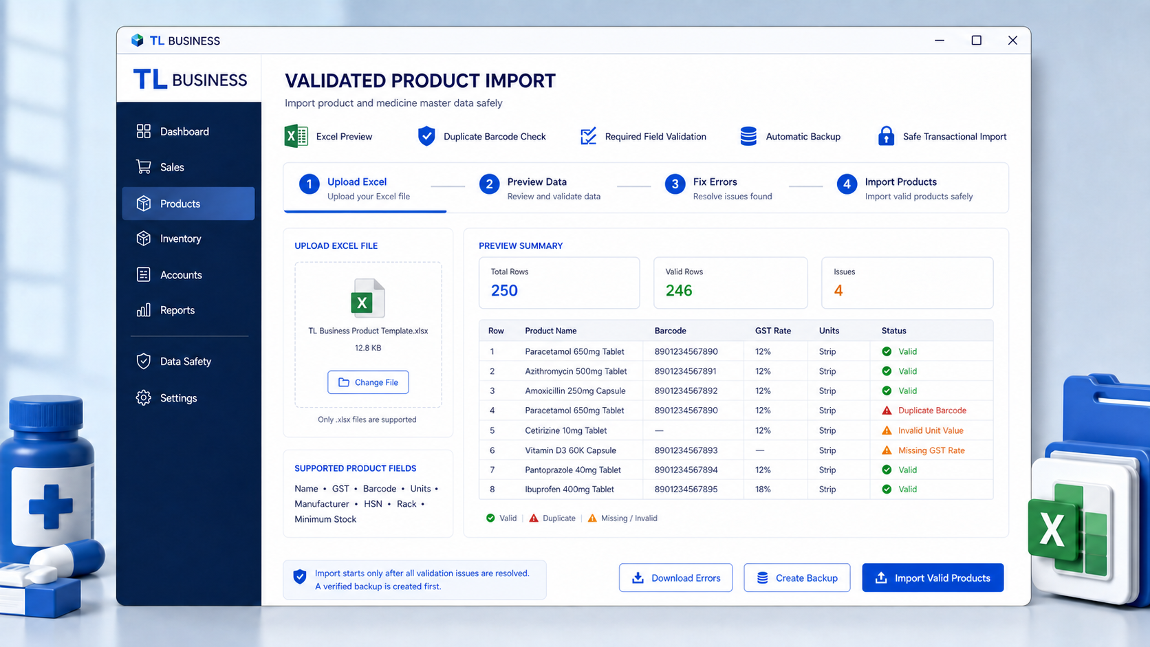 Illustrative TL Business Validated Excel product import interface preview